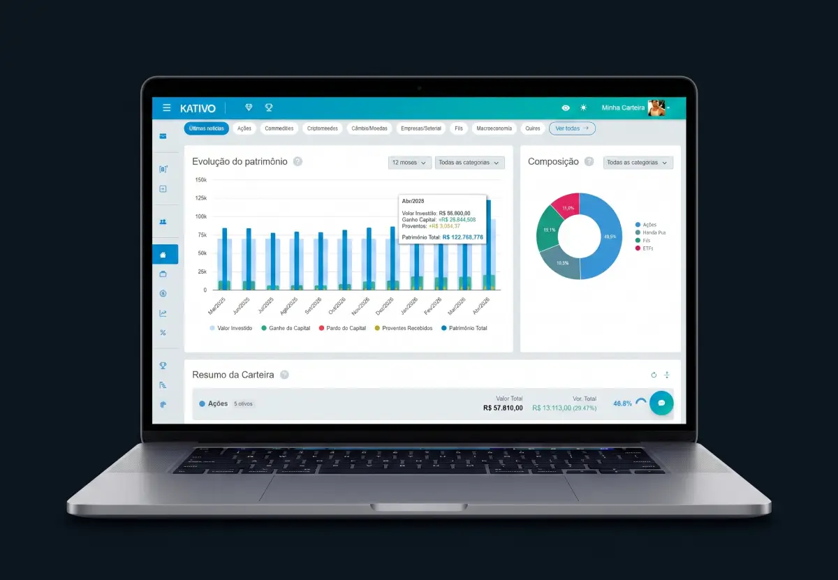 Notebook com dashboard do Kativo — visão geral da plataforma de investimentos